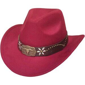 Unisex Dark Pink 100% Polyester Bull Skull Band Classic Fedora Cowboy Felt Hat